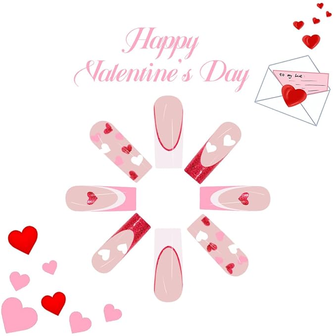 Valentines Press on Nails Long Coffin False Nails Pink Glitter French Tip Glue on Nails Glossy Deigns Heart Fake Nails Valentines Nails Tips Full Cover Acrylic Nails for Women Girls 24Pcs