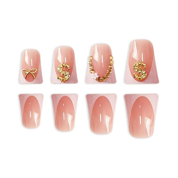 White French Tip Press on Nails Duck Fake Nails Bow Nail Press ons with Rhinestone Design Dollar Glue on Nails Reusable Artificial Glossy Full Cover Acrylic Stick on Nail for Women Manicure 24Pcs