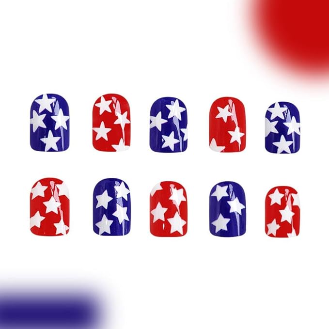 Independence Day Press on Nails Short Square Fake Nails with Star Designs Red False Nails Blue Acrylic Nails Summer Stick on Nail Full Cover 4th of July Glue on Nail for Women Girls Manicure 24Pcs