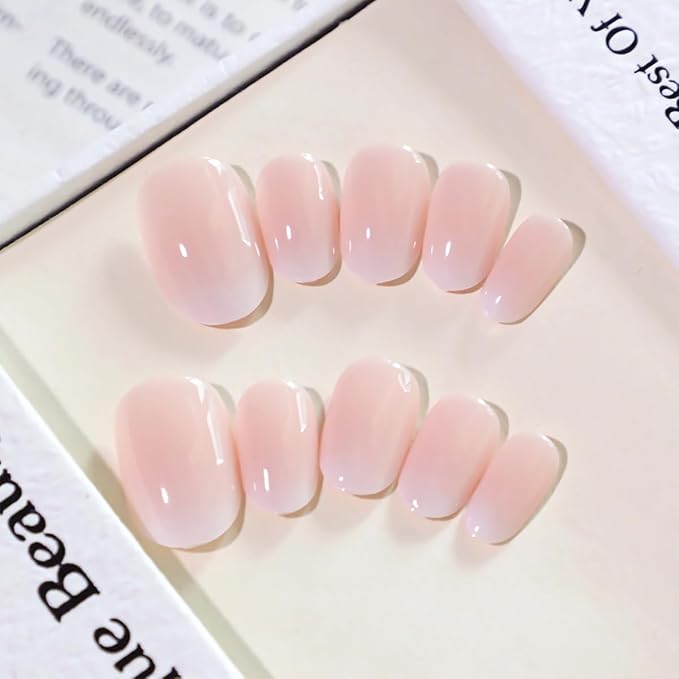 Oval Press On Nails Short – 24PCS French Ombre Pink White Fake Nails, Glossy Acrylic Stick On Nails with Nail Glue Kit, Natural Looking Reusable False Nails for Women & Girls