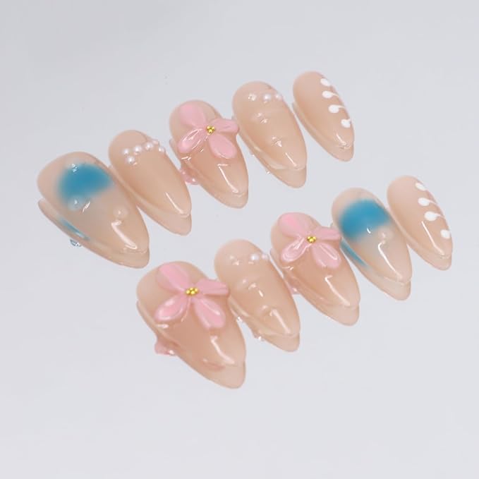 Handmade Press on Nails Medium Almond Nude Thick Fake Nails with Glue,3D Pink Flower Art False Nails with Design Reusable Nature Acrylic Nails for Wome (Size M)