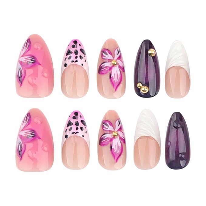 Handmade Press on Nails Medium Almond Fake Nails with Purple Flower Charm Design White French Tips False Nails Pearl Glue on Nails Glossy Full Cover Summer Stick on Nails for Women Manicure 24Pcs
