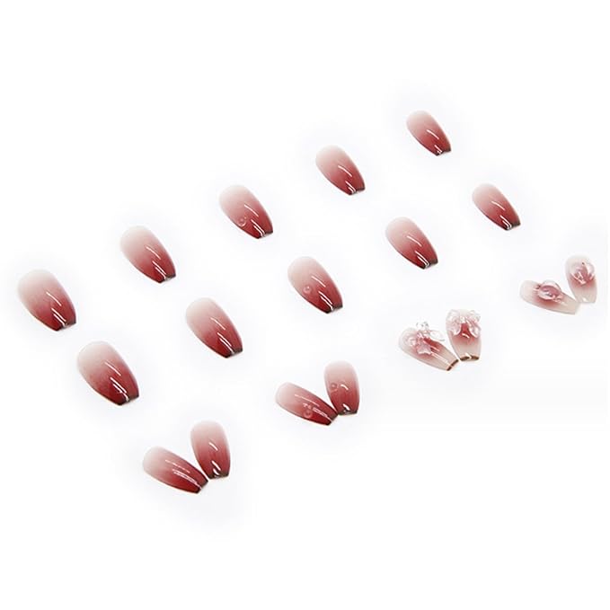 Hkanlre Pink Butterfly Press on Nails Cute Coffin Medium Fake Nails Tips Full Cover Gradient False Nails for Women and Girls 24PCS