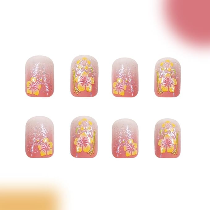 Flower Press on Nails Medium Square Fake Nails Pink Glitter Acrylic Stick on Nails Cute False Nails with Designs Spring Glue on Nails Full Cover Fake Nails for Women Girls Manicure Kit 24Pcs