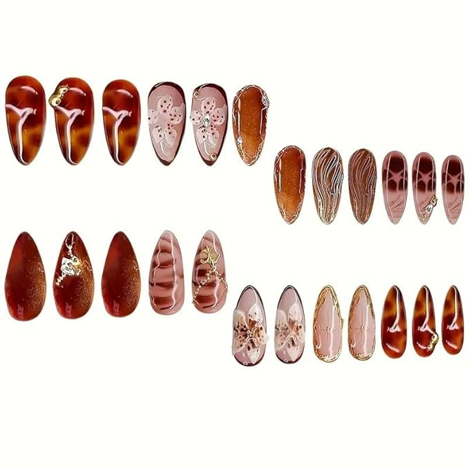 Almond Press on Nails Medium MABKJLF 3D Floral Fake Nails False Nails with Gold Curve Line Rhinestones Designs Amber Glossy Glue on Nail Autumn Fall Acrylic Nails for Women Girls 24Pcs