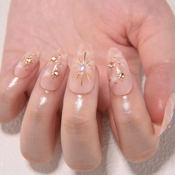 3D Nude Press on Nails Medium Almond with Bohemian Design, Nude Nail + Gold Star Glossy Stick on Nails for Women with Kit, Reusable Soft Gel Stick on Fake Nail with 3D Gold Stars Designs Perfectly Fit