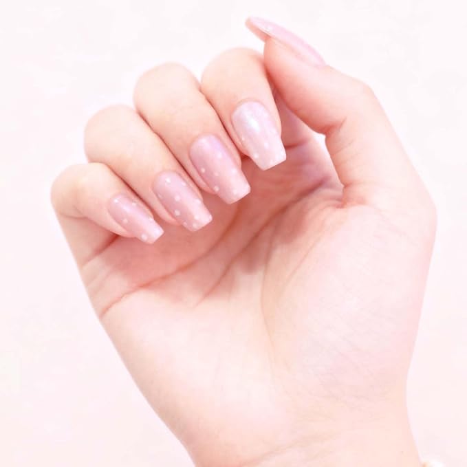 Polka Dot Semi Cured Gel Nail Strips - Pink Ombre Nails with White Dots, DIY Nail Art Kit, Salon Quality at Home Manicure, 20PCS Long Lasting Gel Nail Polish Strips