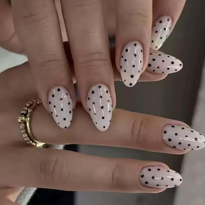 6 Packs (144 Pcs) Press on Nails Medium Almond Fake Nails with Designs Polka Dot Glue on Nails Cute False Nails Full Cover Glossy Acrylic Stick on Nail for Women Girls Manicure