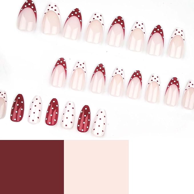 Polka Dot Press on Nails Medium Almond Fake Nails White Red French Nails Press ons with Polka Dots Design,Reusable Artificial Nail Full Cover Stick on Nails for Women Manicure 24Pcs