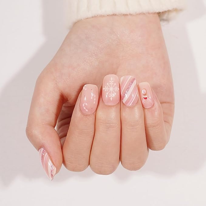 Christmas Semi Cured Gel Nail Strips - 20Pcs Pink UV Gel Nail Wraps with Snowflake & Candy & Elk Design, Long Lasting Salon-Quality Stickers, Includes Nails File & Wooden Stick - UV/LED Lamp Required