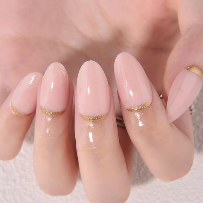 Short Almond Gold Reverse French Press On Nails, Golden Artificial Fake Nails Design, Acrylic False Nails Design, Suitable for Birthday Parties,Wedding. Kit for Women DIY False Nail Art Gift.