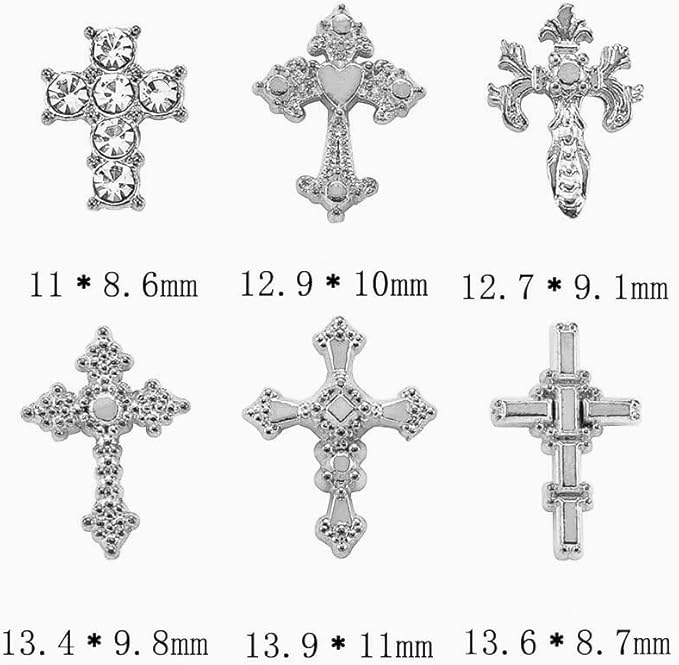 3D Cross Nail Charms for Nail Art, 60 Pcs Metal Crystal Cross Nail Decorations, Alloy Nail Studs and Rhinestones for Women Girl DIY Jewelry Crafts Supplies (Silver)