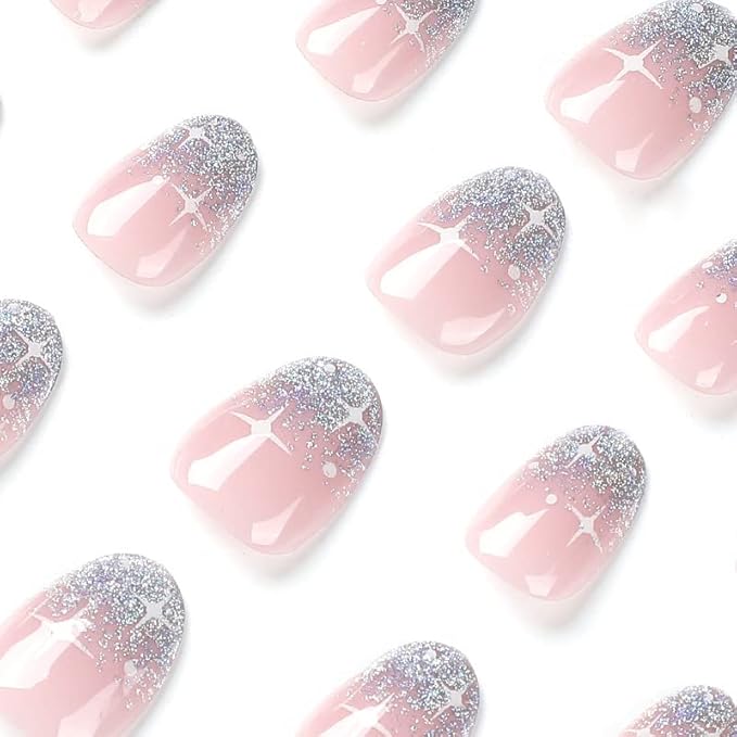 Silver Glitter French Press on Nails Short Almond fake Nails White Starburst false Nails Full Cover Color Gradient Glitter Glossy Acrylic Nails for Women and Girls DIY Manicure Decoration 24Pcs