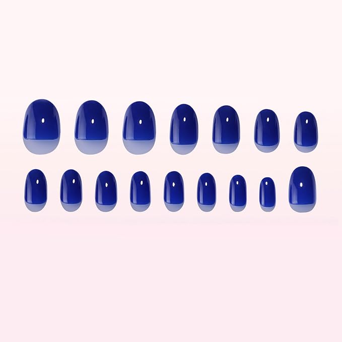 Short Almond Press on Nails Blue Glossy Fake Nails with Chrome Designs Glue on Nails Thickened Salon Quality False Nails Full Cover Stick on Nails Acrylic Nails for Women Nails Manicure Decor 32 Pcs