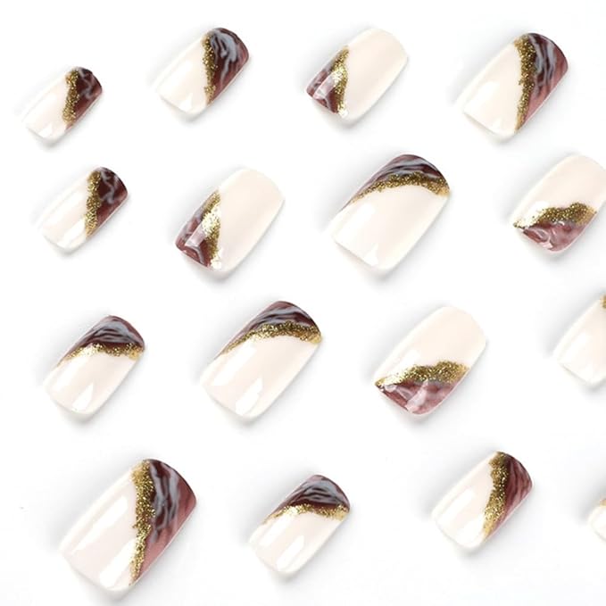 Square Press on Nails Medium Fake Nails French False Nails with Marble Designs Glue on Nails Full Cover Gold Foil Stick on Nails Glitter Glossy Acrylic Nails Artificial Nails for Women Manicure 24Pcs