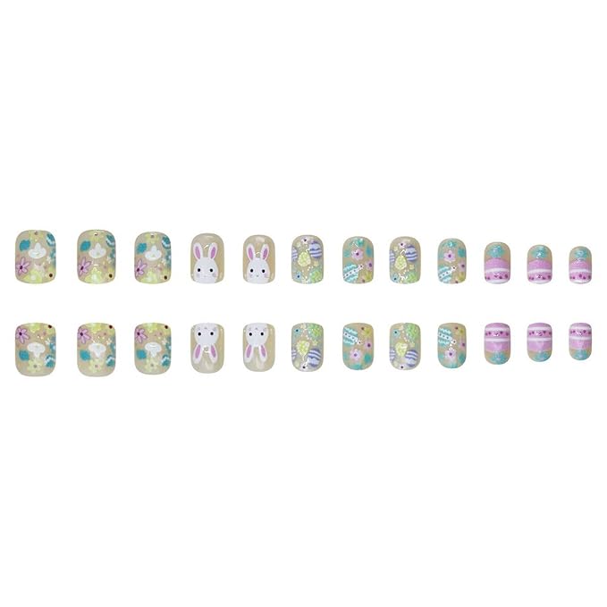 24 Pcs Easter Press on Nails Short Square Fake Nails with Easter Egg Designs Cute Bunny Acrylic Nail Colorful Flower Stick on Nails Full Cover Holiday Nail for Women Manicuare Art