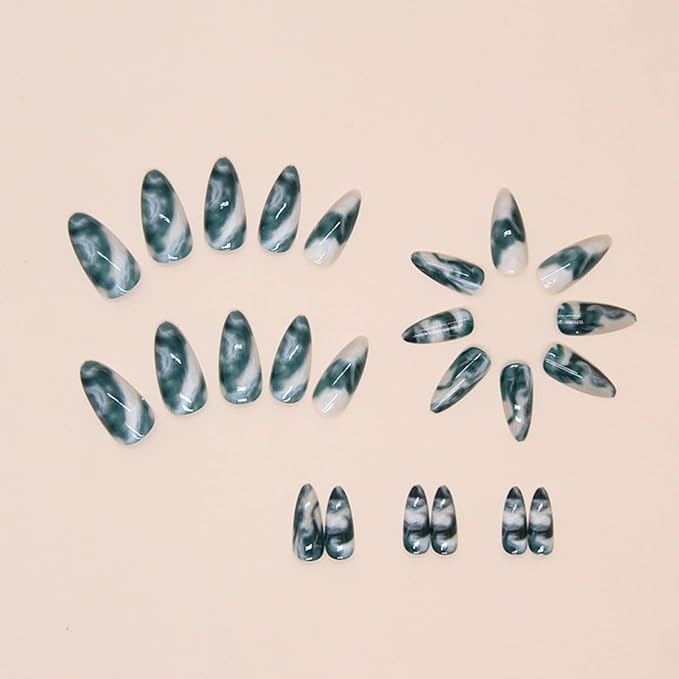 Press On Almond Medium Green False Nails with Gradient Marble Design - Glossy Acrylic Full Cover Glue on Nails - 24 Pcs