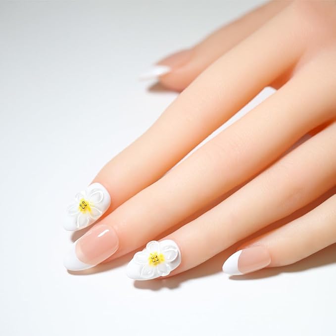 10 Medium Handmade Press On Nails | with 3D Floral and French design False Nails | Skip Salon Trips, Easy to Apply & Remove, Reusable (A016, S)