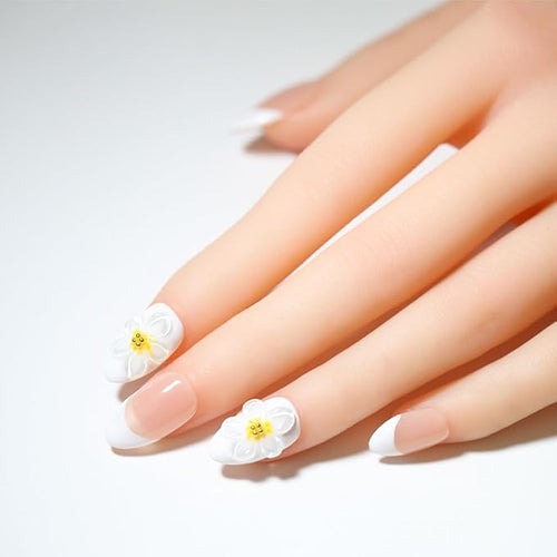 10 Medium Handmade Press On Nails | with 3D Floral and French design False Nails | Skip Salon Trips, Easy to Apply & Remove, Reusable (A016, XS)