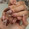 Handmade Medium Almond Press on Nails MABKJLF Red French Tip Fake Nails False Nails with Flower Cherry Leopard Print Gold Bow Designs Glossy Glue on Nails Stick on Nails for Women Girls 24Pcs