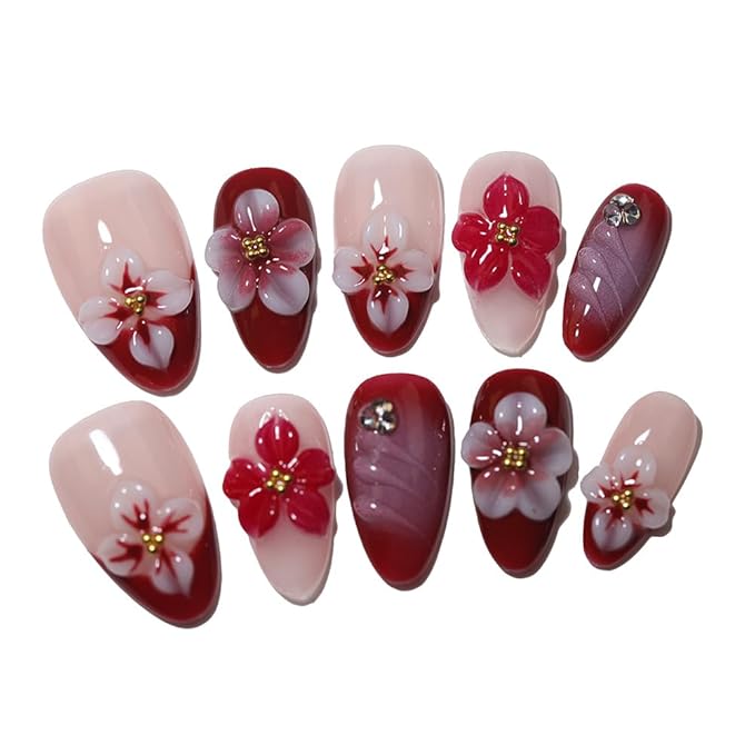 10 short Almond Handmade Press On Nails | 3D Floral Red & Nude Romantic Cherry Blossom Design with Rhinestones,New styles | Skip Salon Trips, Easy to Apply & Remove, Reusable (251108, M)