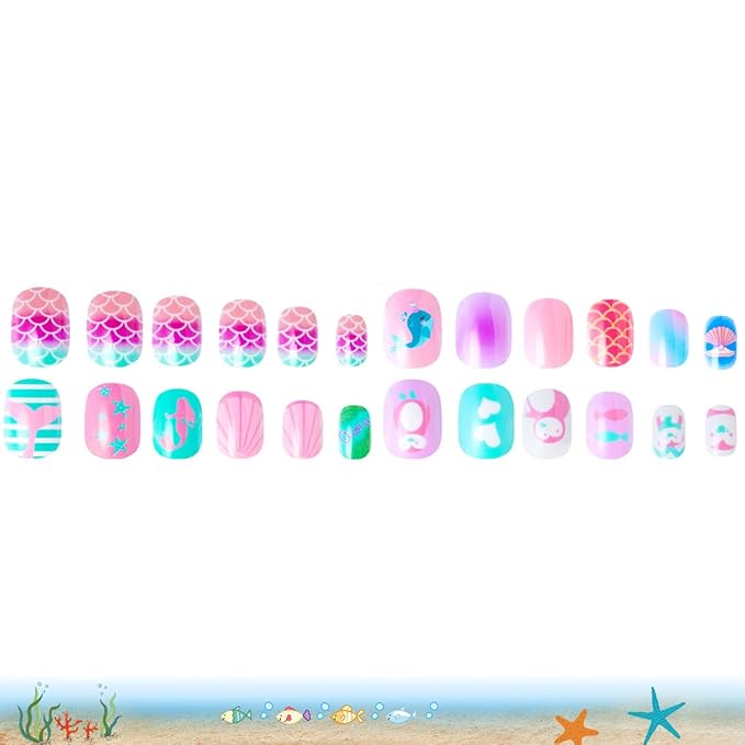 120Pcs 10 Packs Cute Short Press on Nails for Girls 5 Styles 12 Sizes Press on Nails for Kids Press ons with Shell Whale Mermaid Star Penguin Designs Full Cover Acrylic Nails for Little Girl Gift DIY
