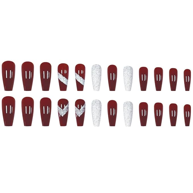 Coffin Press on Nails Long Red Stick on Nail Tips Nails Press ons with Sparkly Glitter Press on False Nails for Women 24pcs
