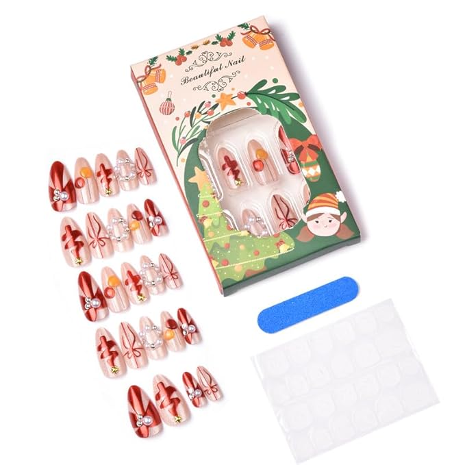 Christmas Press on Nails Medium Almond Fake Nails Red Christmas Tree False Nails Xmas Winter Cat Eye Glue on Nails with Pearl Reusable Acrylic Nail for Women Manicure 24Pcs