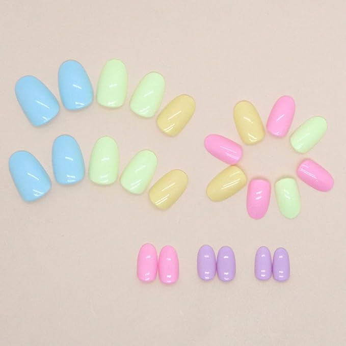 Easter Press on Nails Short - 24Pcs Cute Multi-Color Glossy Acrylic Nails, Spring Theme Fake Nails, Easy Apply Artificial Stick on Nails for Women