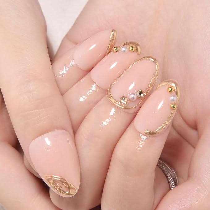 evpct 3D Gold Line French Tip Press on Nails Short Almond, Glitter Light Nude Stick on Nail with 3D Pearl Diamond Designs, Handmade Press on Nails for Women Gift with Kit, Gel Acrylic Fake Nail
