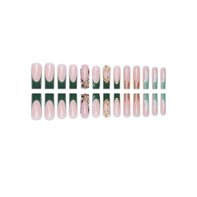 Press on Nails Coffin Long Length Acrylic Glossy Full Cover Square Shaped French False Nails with Designs Artificial Extra Long Fake Nails with Charms Glue ons Fingernails for Women(XXS249)