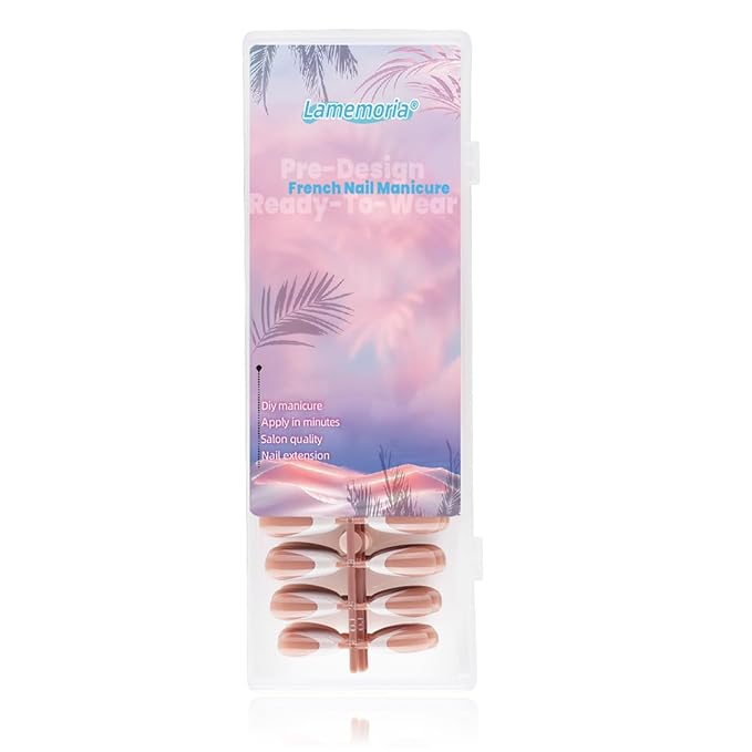 Lamemoria Pre-Design Medium Long Gel Almond French Tip Press On Nails, Brown Base White French Nail Tips, Salon False Fake Nail Kit with Glue/Tabs, 240 PCS