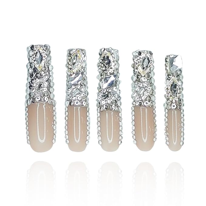 2025 New PMMA Acrylic Long Press on Nails with Semi-Applied Rhinestone Design Glossy Nails, Reusable Nail Set with Box Gift for Women (Rhinestone, M)