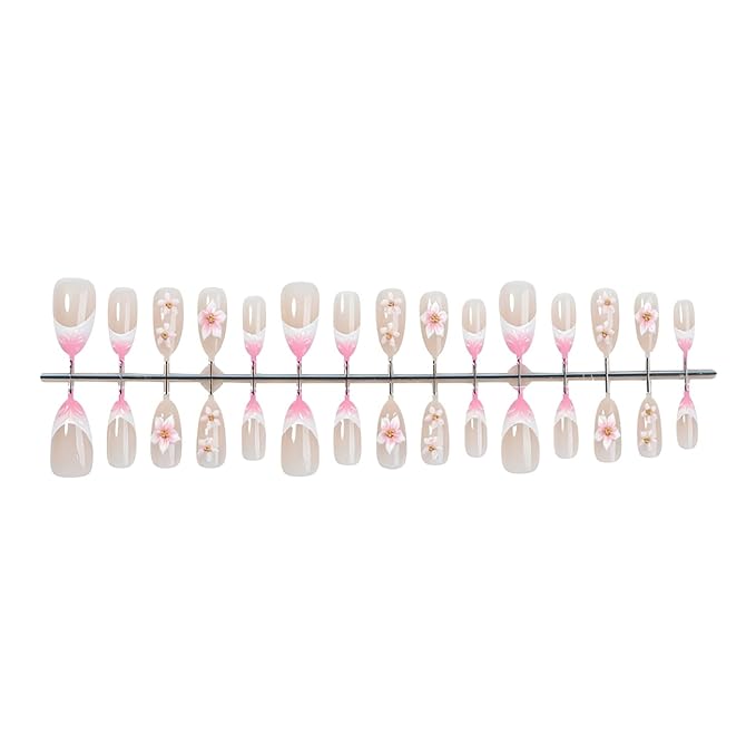 Flower Press on Nails Medium Almond Fake Nails Pink French Tip Nails Press Ons 3D Flower False Nails with Rhinestones Design Acrylic Glossy Stick on Nail Spring Glue on Nail for Women Set 30Pcs