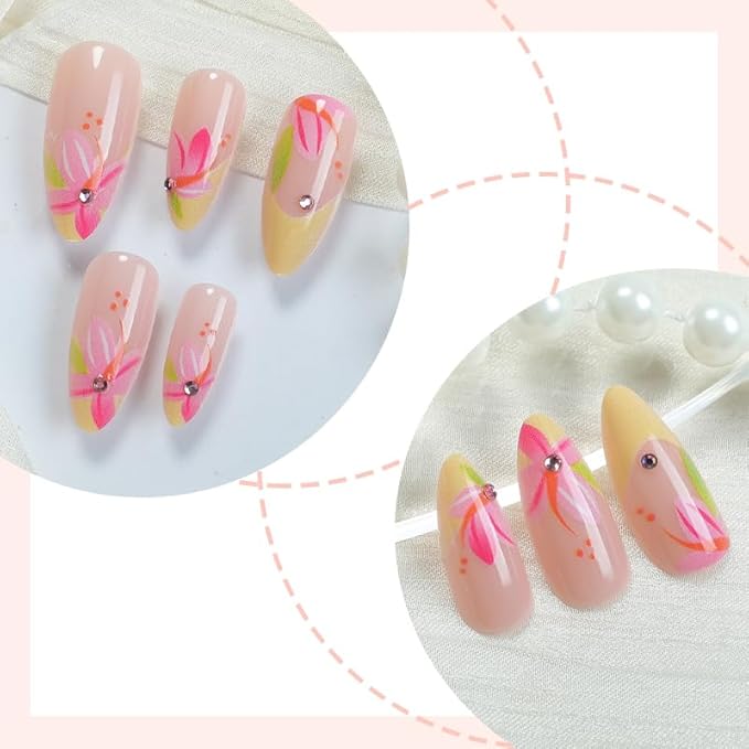 Press on Nails Almond Painted Flowers French Fake Nails French Fake Nails Reusable Nail Kit with Glue Adhesive Tabs Mini File for Women Manicure Nail Art Decoration 24PCS