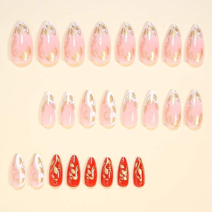 Gold Leaf Press on Nails Medium Almond Fake Nails White French Tip False Nails with Golden Line Design Glue on Nail Glossy Acrylic Artificial Stick on Nails for Women Girls 24Pcs