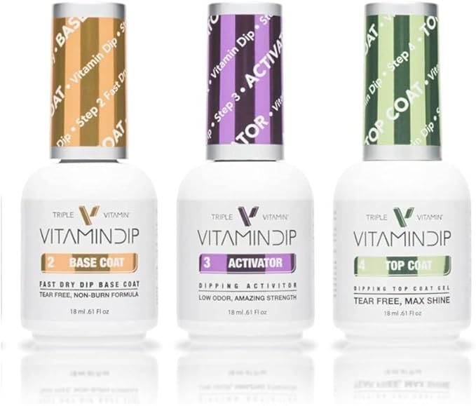 Triple Vitamin Dip Powder Nail Liquid Set - Gel Base Activator Gel Top Set 3 (Step 2-4) 18ml - NO LED UV/LAMP Needed, Color French Pink White Nail Dipping Powder DIY Professional Home Salon