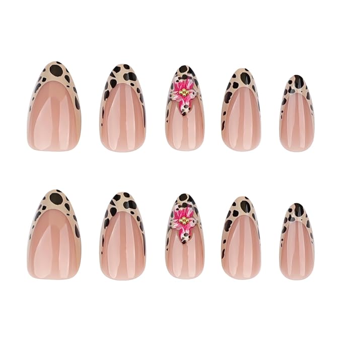Leopard French Press on Nails Medium Almond Fake Nails Pink Flower Nail Press ons with Gold Pearls Design Reusable Acrylic Nails Glossy Full Cover Glue on Nail Stick on Nails for Women Manicure 24 Pcs