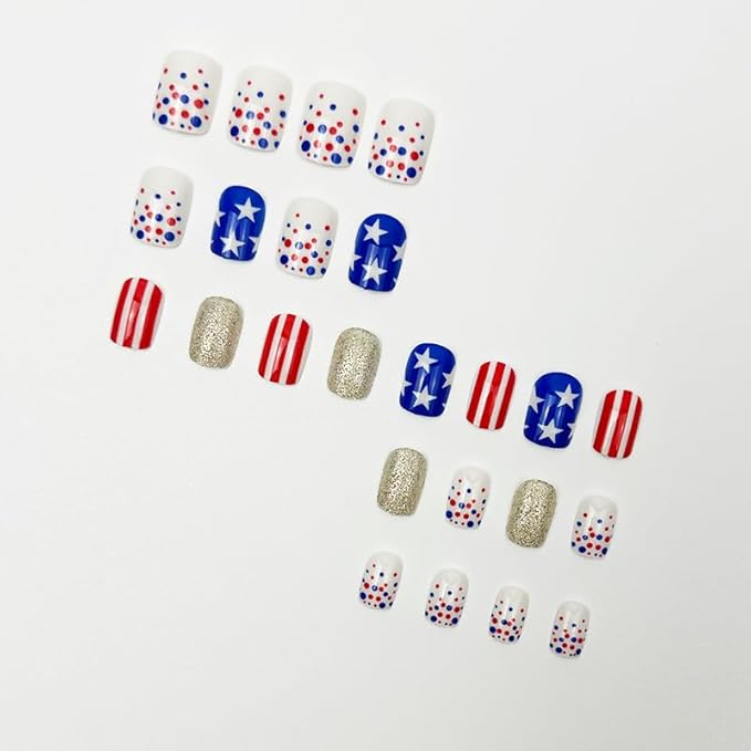 Press on Nails Independence Day Short Square Fake Nails with Polka Dot Designs Cute Patriotic Acrylic False Nails Sliver Glitter Stick on Nails Stripe Glue on Nails for Women 4th of July