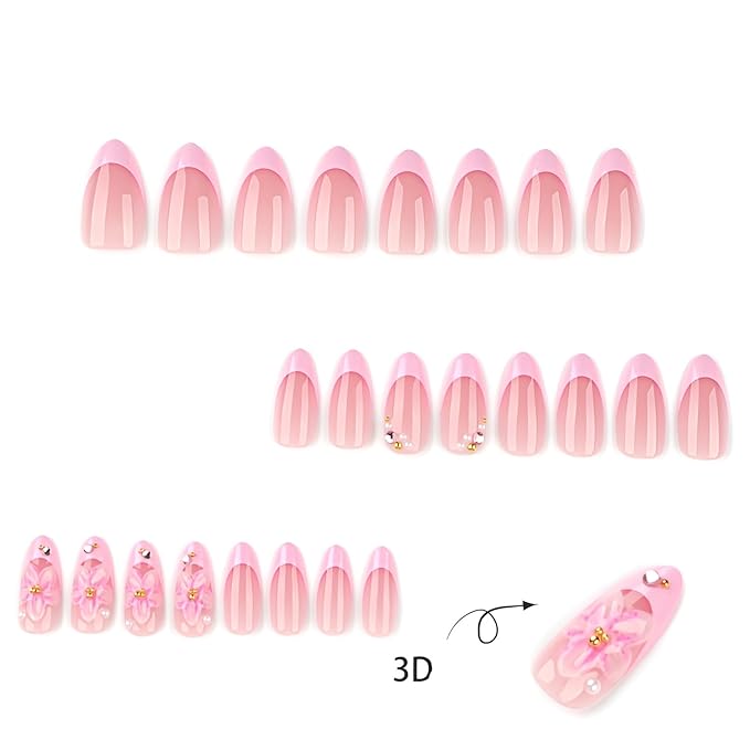 24Pcs French Tip Press on Nails Medium Almond Fake Nails 3D Flower Nails Press Ons Pink Glitter False Nails Glossy Glue on Nail with Pearl Design Acrylic Stick on Nail for Women Decorations set
