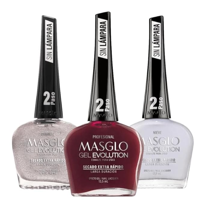 MASGLO GEL EVOLUTION Nail Polish Gel Effect, No UV/Led Lamp Required, Duration up to 12 day, 3 PCs Colors - Effecto Gel sin lampara UV/Led (ORIGINAL, PROFESIONAL, NIEVE)
