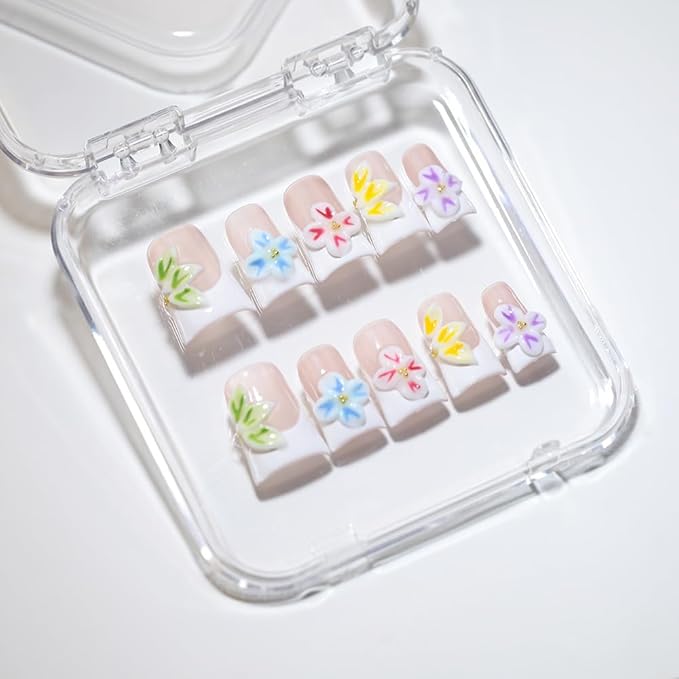 10Pcs Duck-shaped Handmade Press On Nails | French Style with 3D Floral & Rhinestone Decor | Easy to Apply, Remove & Reusable, Salon - Quality (25102, S)