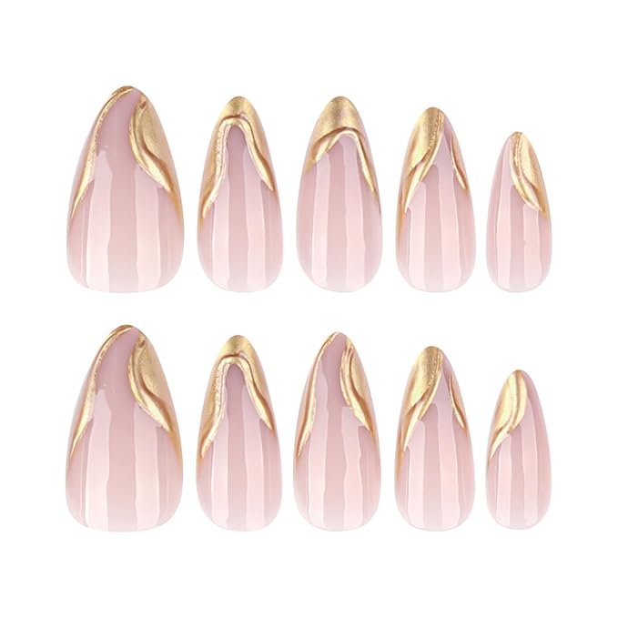 Almond Press on Nails Gold Fake Nails French Tip False Nail Press ons with Design Reusable Artificial Nail Full Cover Glossy Glue on Nail Stick on Nails for Women Manicure 24 Pcs