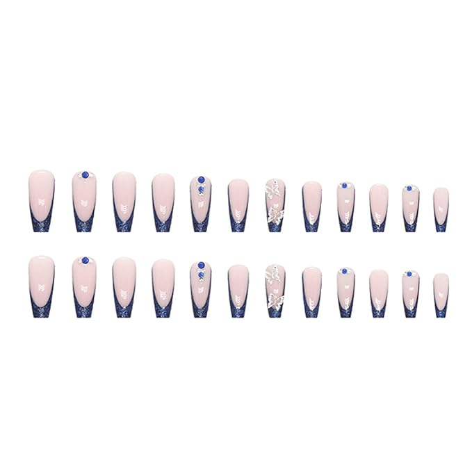 Long Press on Nails Square French Fake Nails Full Cover Nude Acrylic False Nails for Women and Girls 24PCS (Blue Butterfly)