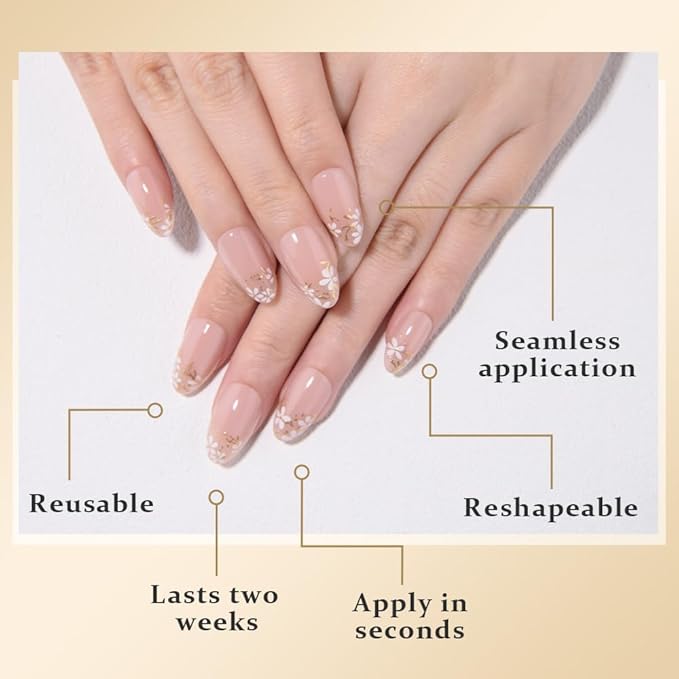 evpct 3D Nude Pink Press on Nails Short Almond with Gold White Flower Design, Short Almond Stick on Nails for Women Gift with Kit, Reusable Soft Gel Acrylic Press on Fake Nail with Floral Design
