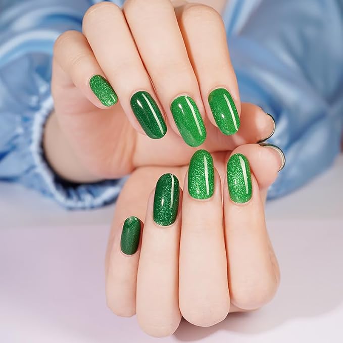 Semi-Cured Gel Nail Strips - 20 Salon-Quality Gel Sticker with UV Light Required, Long Lasting, Easy Application & Removal, Includes Prep Pad, Nail File, Wooden Stick (Emerald Allure)