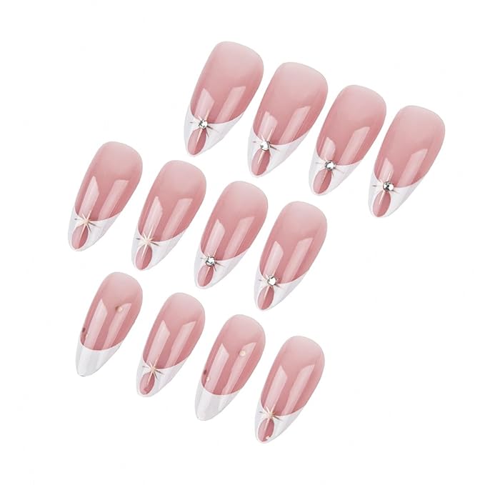 White French Tip Press on Nails Almond - Medium Fake Nails with Starburst Design - Glossy Full Cover Stick on Nails - for Women Manicure 24 Pcs