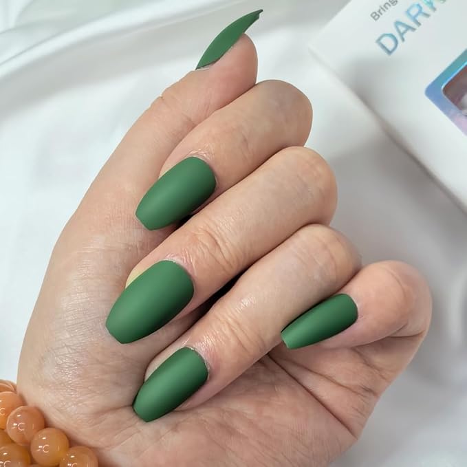 Matte Green Press-On Nails, Long Almond Fake Nails with Adhesive Tabs & Glue for Women (24 Pcs)