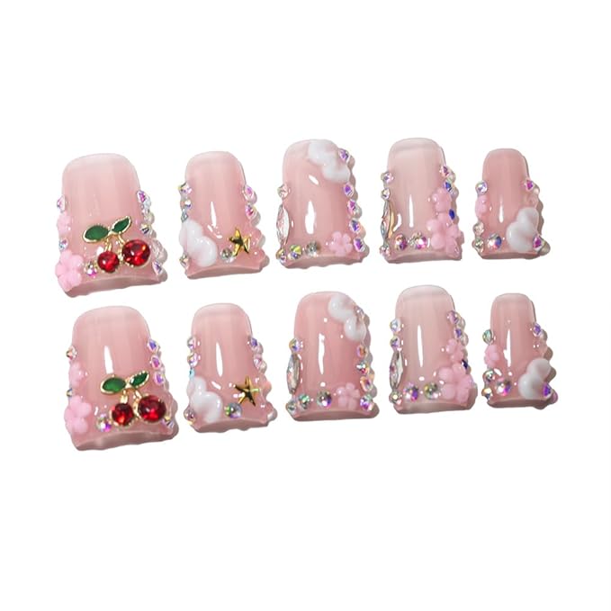 10Pcs Duck-shaped Handmade Press On Nails | French Style with 3D Floral & Rhinestone Decor | Easy to Apply, Remove & Reusable, Salon - Quality (25103, S)