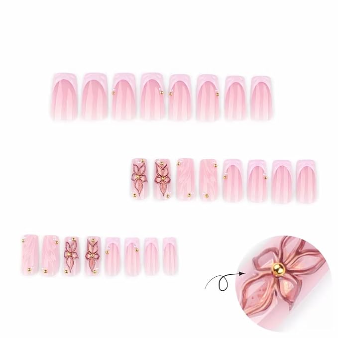 Medium Press on Nails Square - Pink French Tip Fake Nails with Flower Design - Summer Full Cover Stick on Nails for Women - 24 Pcs